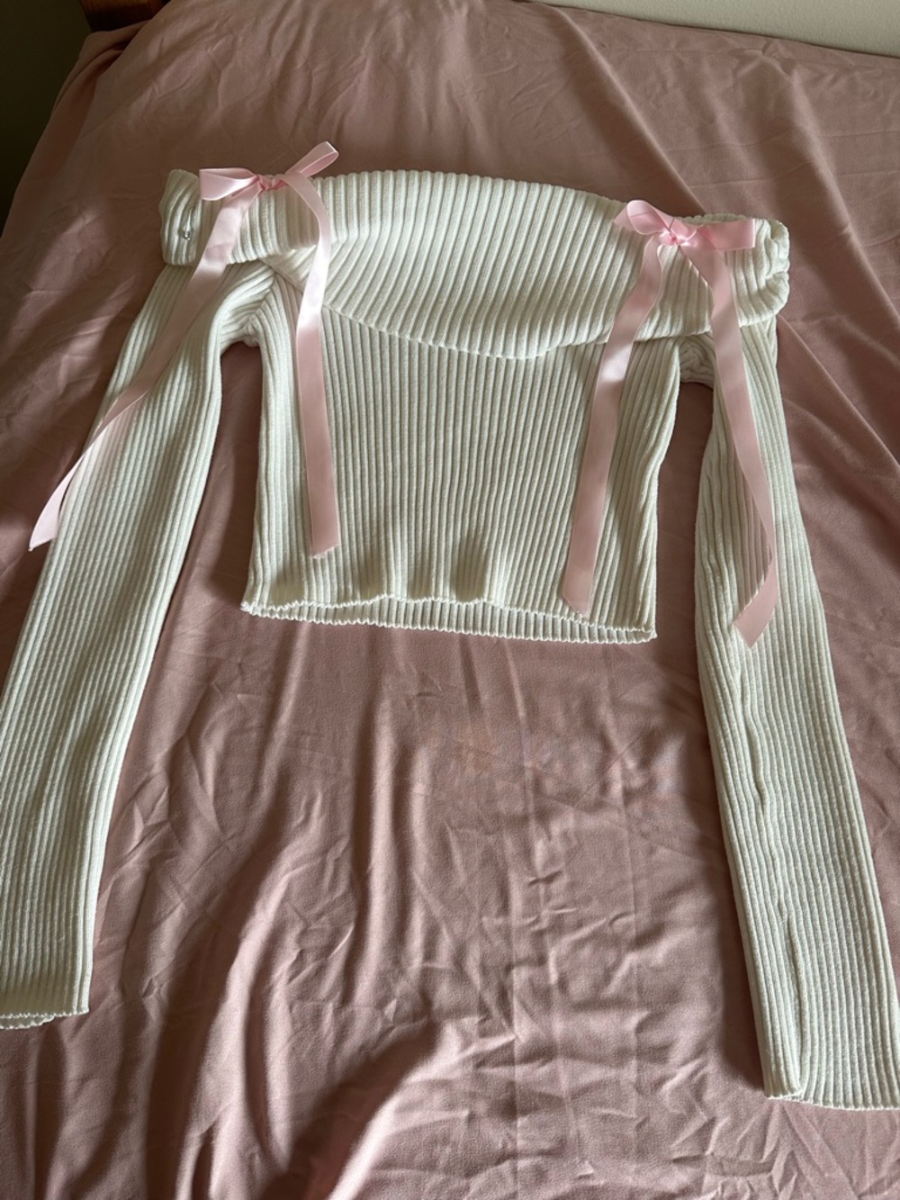 Off-Shoulder Ribbed Crop Top with Pink Ribbon Ties - Picture 2 of 4